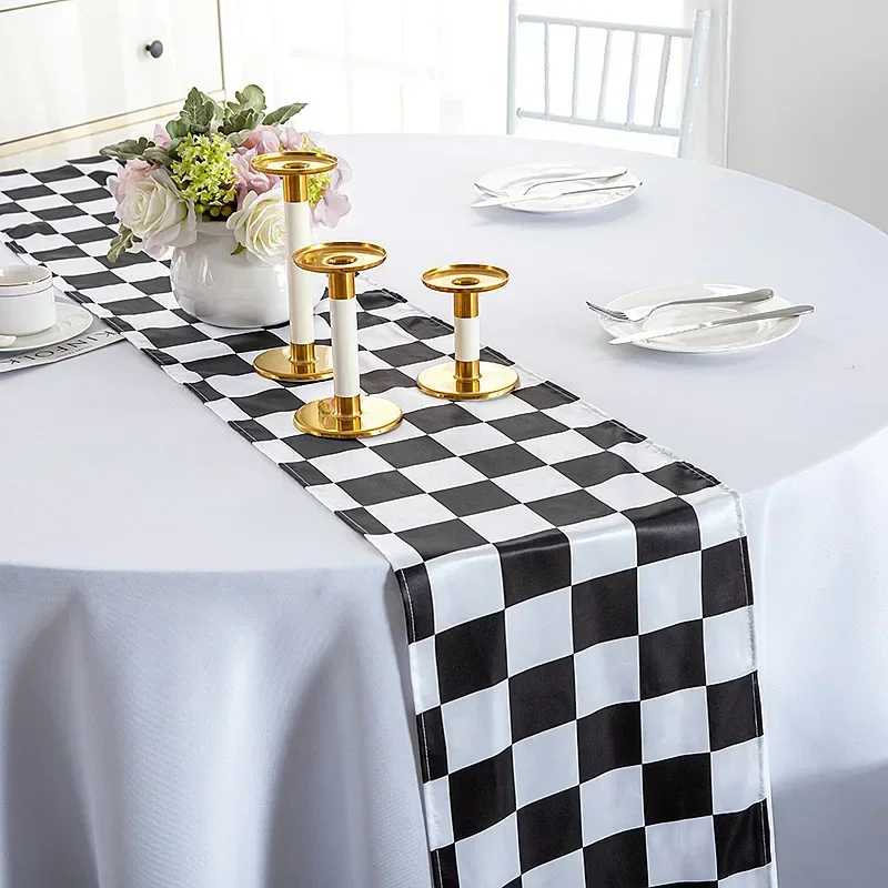 Classic Black White Checkered Table Runner Polyester Racing Theme Party Table Decor Soccer Goal Cup Wedding Table Runners