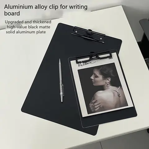 Black Aluminum Alloy Folder, Available in A4, A5, and A6 Sizes, with a Thickened Writing Board and a Document Clip.