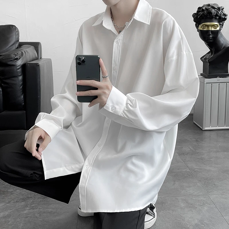 

2023 Solid Color Shirts Men Blouses and Tops Long Sleeve Casual Shirts Loose Checked Outwear Spring and Autumn Male Blouse A190