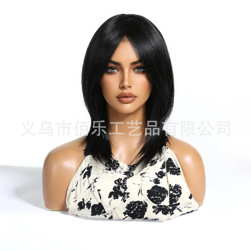 Black medium-length straight hair with layered bangs