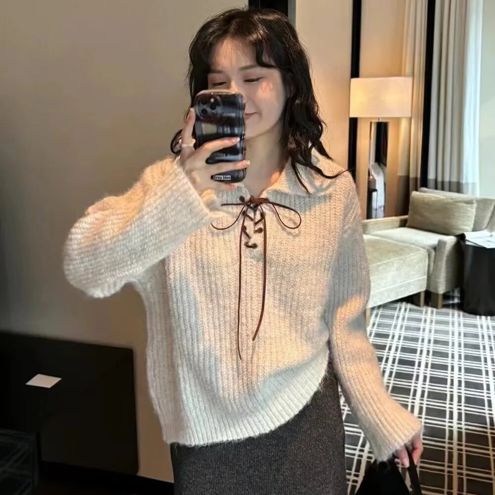 

Новый осенне-зимний модный женский повседневный элегантный вязаный свитер с длинными рукавами и лацканами на шнурке, свитер