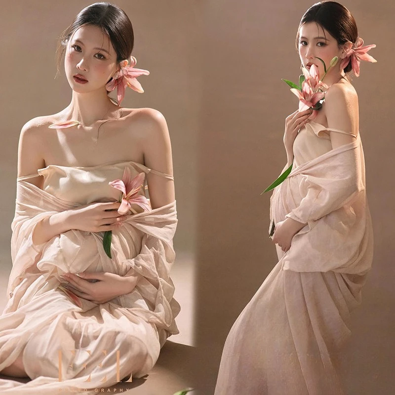 

Women Maternity Dress for Photoshoot Elegant Tank Long Dress Robe 2pcs Picture Pregnancy Dresses for Studio Shooting Clothes