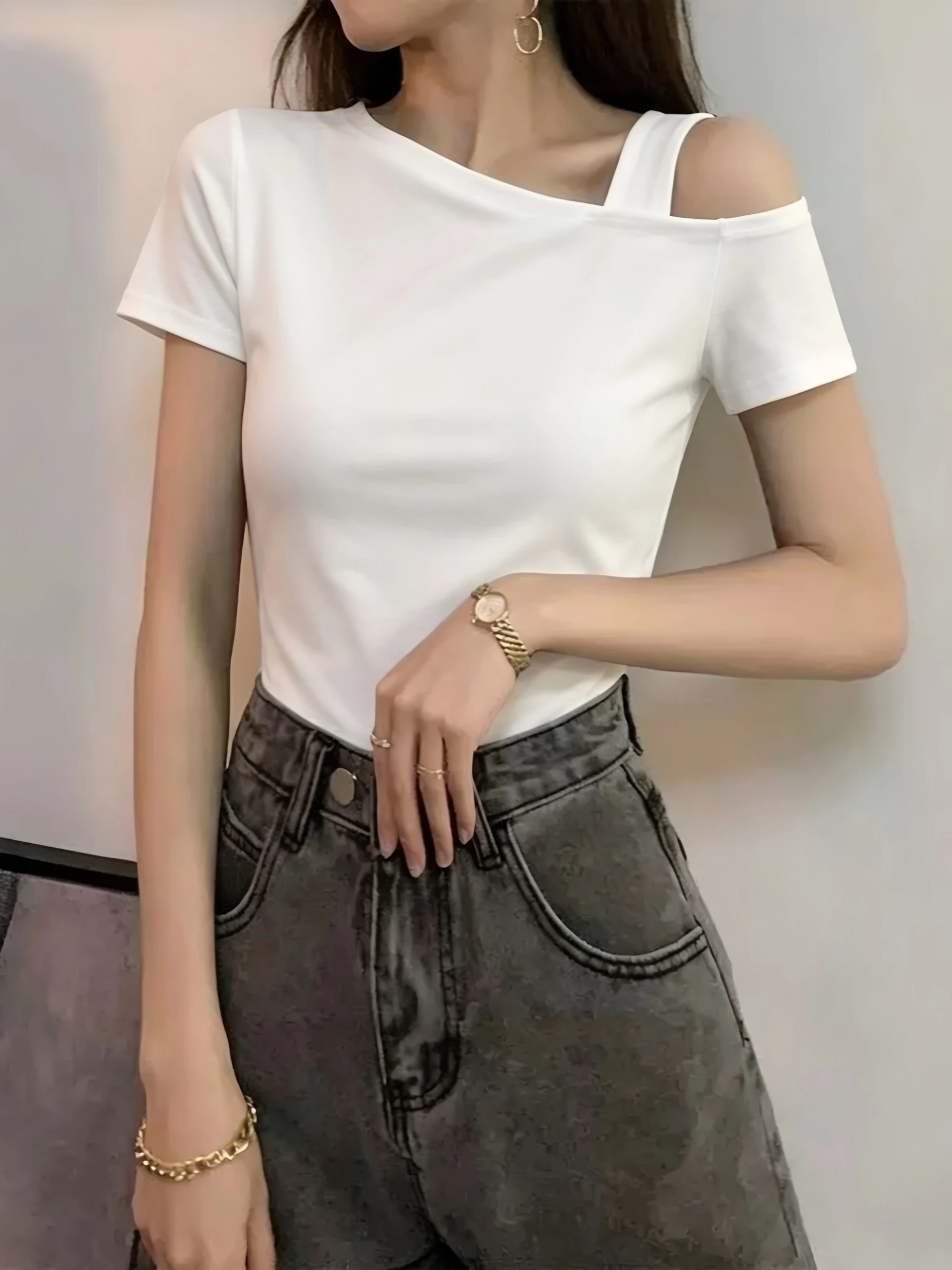 Black Short Sleeve T-Shirt Women's Slim Fit Shoulder Bared Cotton 95 Summer New Style plus Size Versatile Casual Top