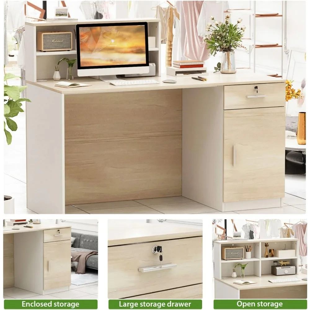 Reception Desk Retail Counter with Lockable Drawer & Shelves, Front Counter Desk Reception Counter Table for Salon Lobby Shop