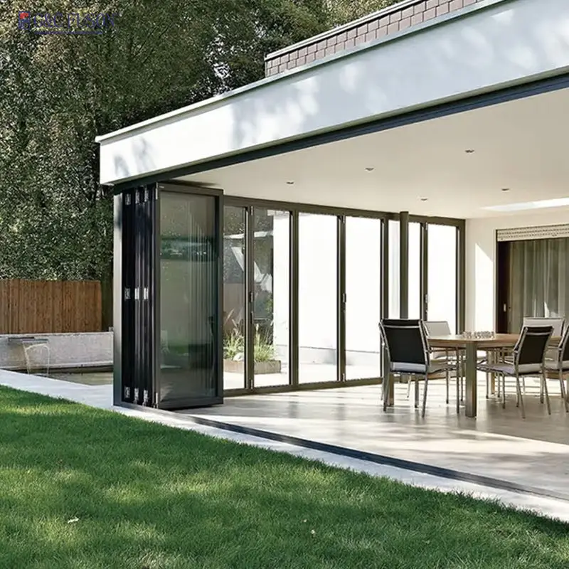 Villa Mansion L Shaped Aluminum Frame Glass Folding Door Heavy Duty Accordion Folding Doors Save Space Rainproof Stacking Doors