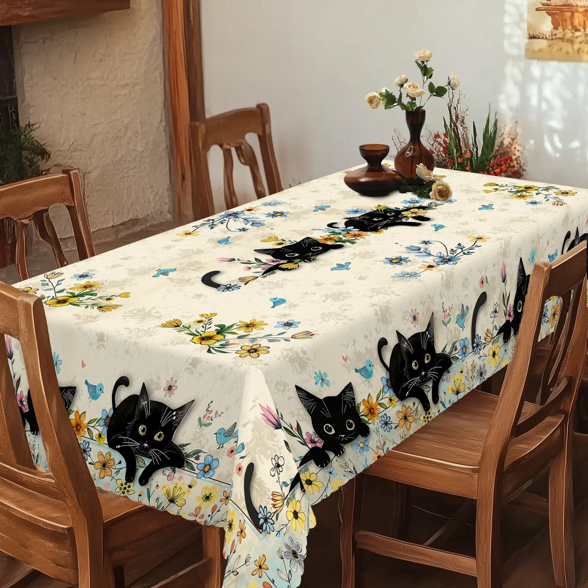 

1 Piece, Cute Cat and Floral Themed Polyester Tablecloth + 4 Self-Adhesive Stickers, Adorable Black Kitten with Colorful Floral Print Pattern, Embossed Edges, Round/Rectangular Tablecloth, Suitable for Home Kitchen Decoration, Room Decoration, Party Table