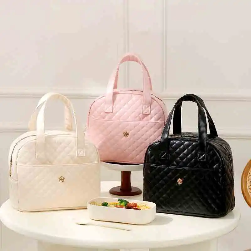 PU Leather Plaid Pattern Lunch Bag Small Zipper Portable Thermal Food Bags Picnic School Aluminum Foil Cooler Bento Bag