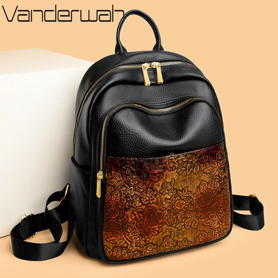 

Винтажный цветочный принт, высококачественный мягкий кожаный рюкзак, женский повседневный дорожный рюкзак большой емкости, сумка на плечо, школьная сумка