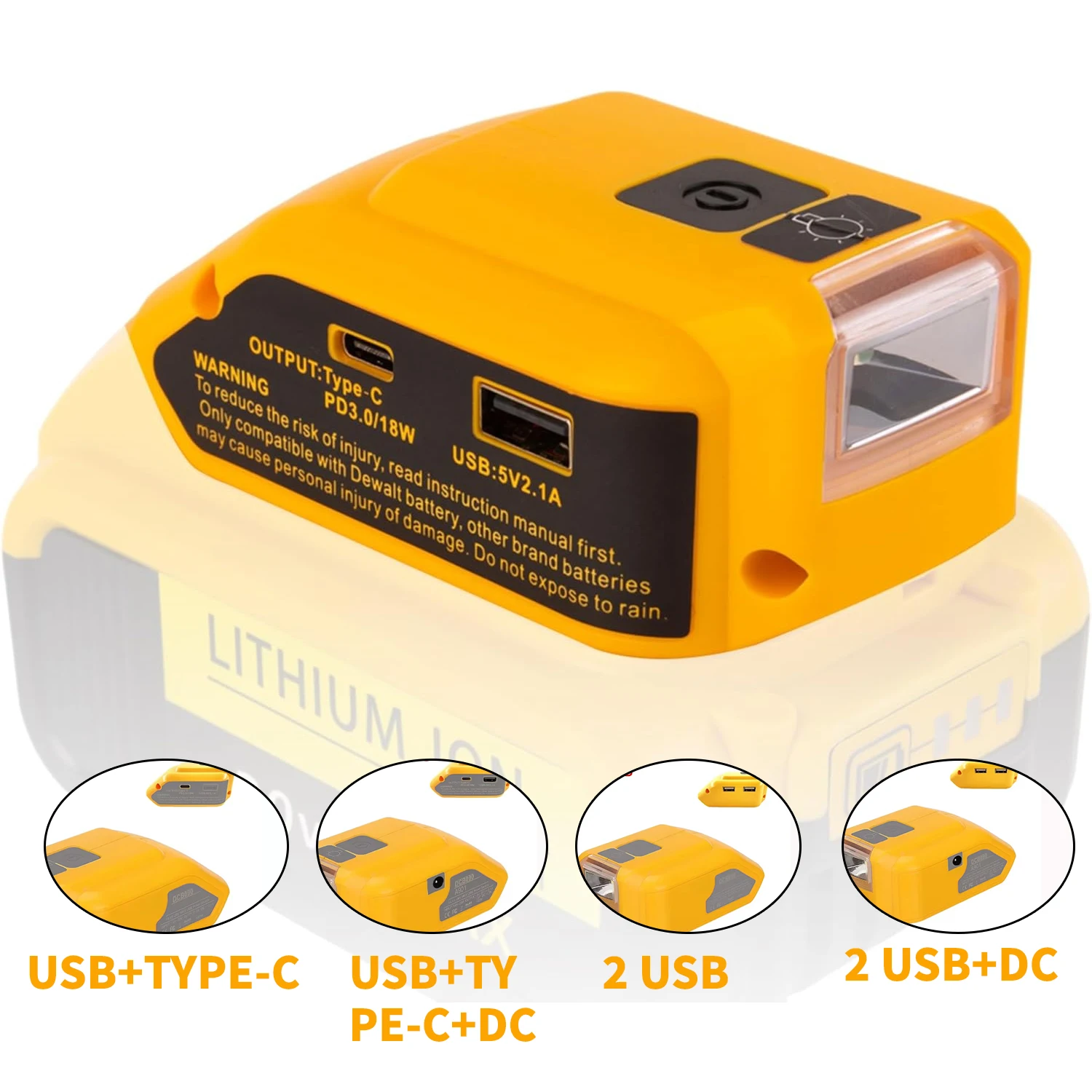New Replacement DCB090 Power Source For Dewalt 18 V 20 V Battery Adapter with USB Type-C Power Bank 3 W LED Work Light Converter