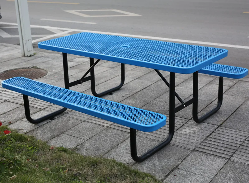 Outdoor 4 ft 6 ft 8 ft Expanded Metal Commercial Picnic Table with Bench Outside Furniture Patio Steel Rectangular Dining Table