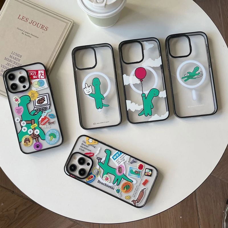 Cartoon Dinosaur 2.0 Acrylic Black Border MagSafe Phone Case Cover for IPhone 12 13 14 15 Pro Max Case for IPhone 15 Pro Max