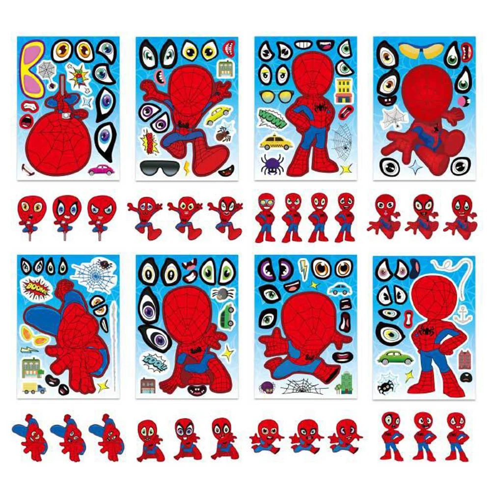 8/16sheets Disney Anime Spider-Man Puzzle Stickers Make A Face Children DIY Cool Cartoon Assemble Jigsaw Decal for Kids Toy Gift