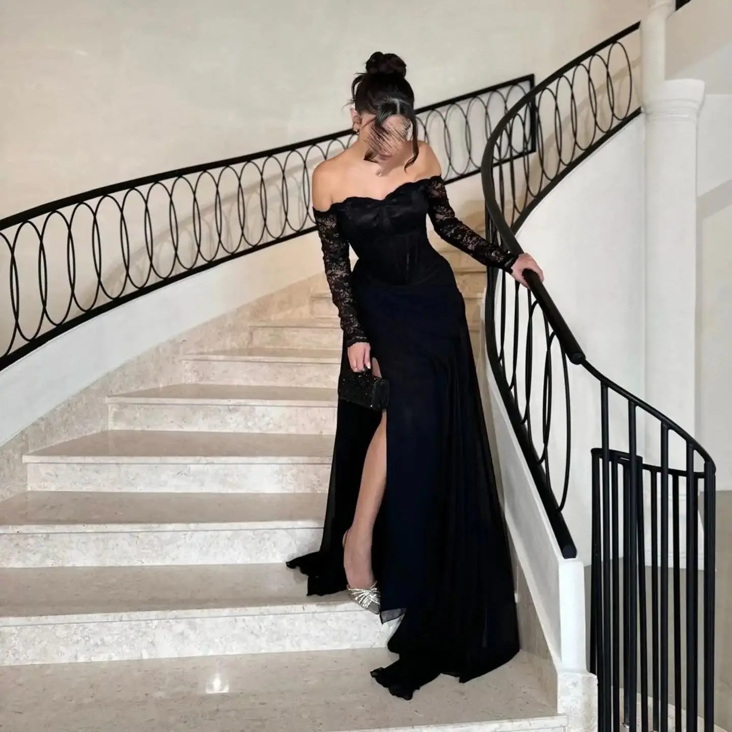 Aenyrst Elegant Black Prom Gown Women Lace Long Sleeve Party Evening Dress Floor Length Saudi customized Special Occasion Gowns