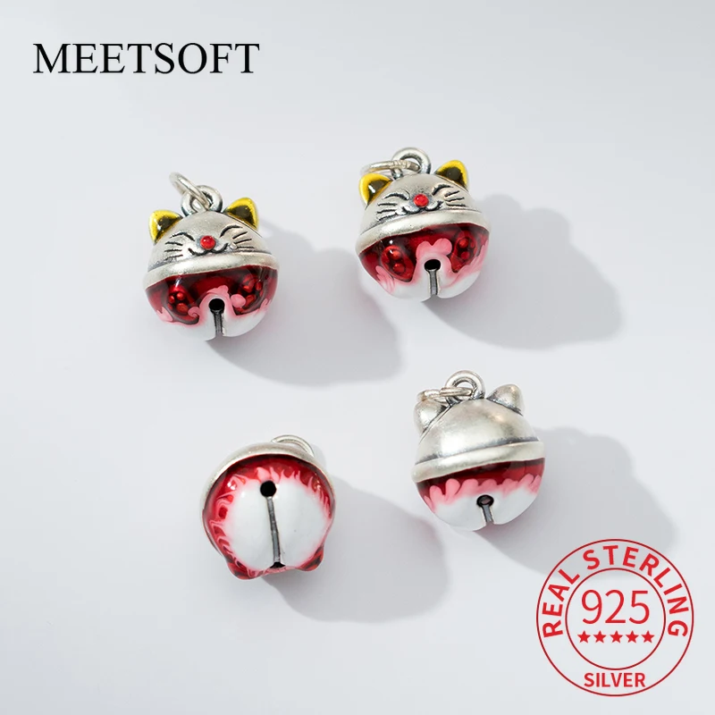 

MEETSOFT 999 Silver Drip Glue Round Lucky Cat Bell Pendant DIY Handstring Retro Handmade Rope Material Accessories