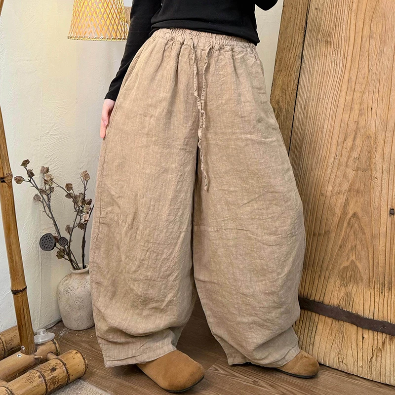 2026 New Spring Women All-matched High-quality Cotton Linen Ankle-length Pants Casual Loose Elastic Waist Wide Leg Pants H159
