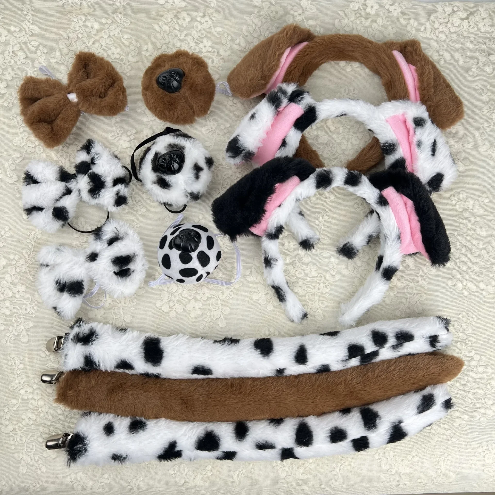 Kids Adult Halloween Black White Dog Ears Headband Dalmatian Costume Set Bowtie and Tail Accessories Set Cosplay Party