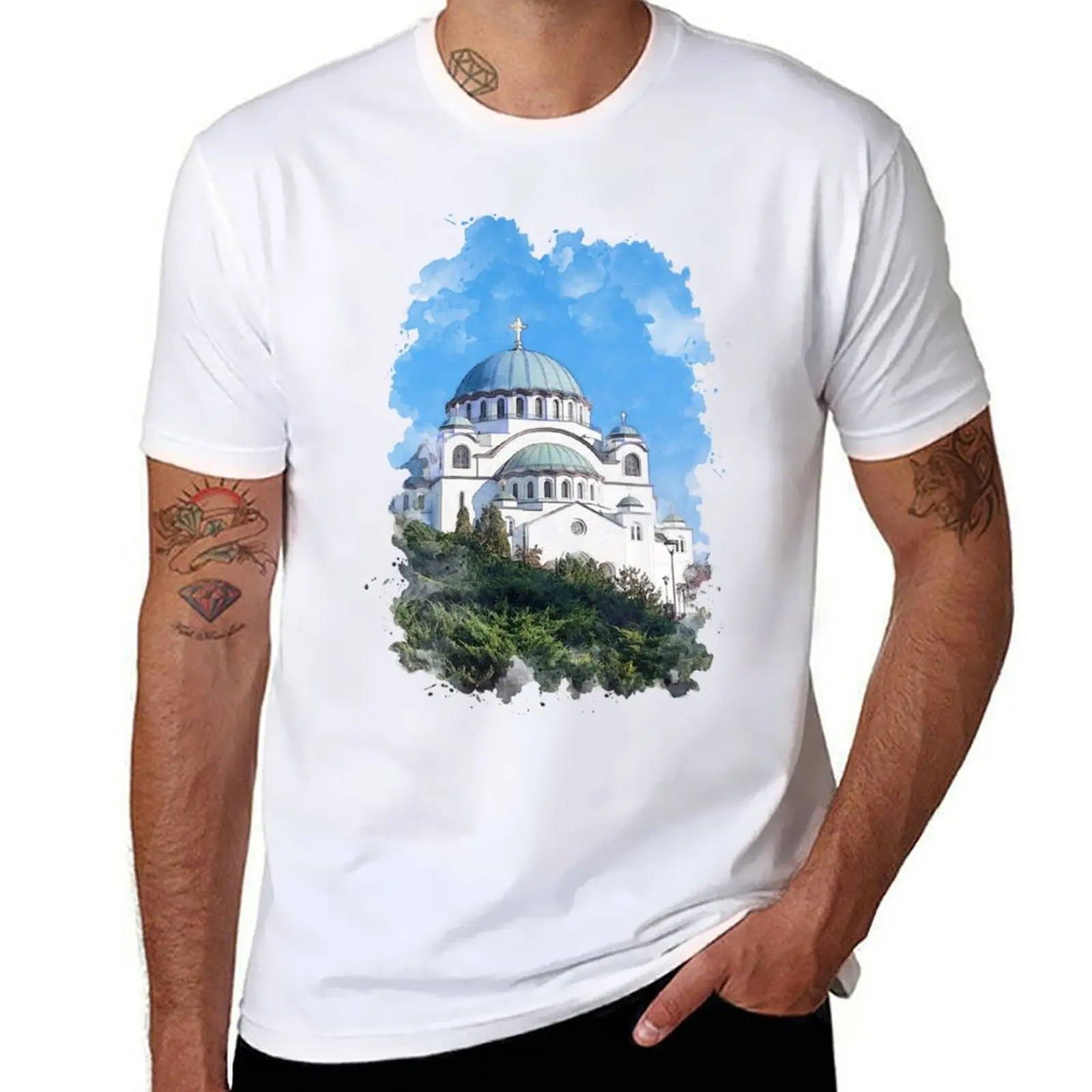 

Temple of Saint Sava Serbia Watercolor Art T-Shirt man t shirt cotton black cotton t-shirt plain for man package T-Shirt