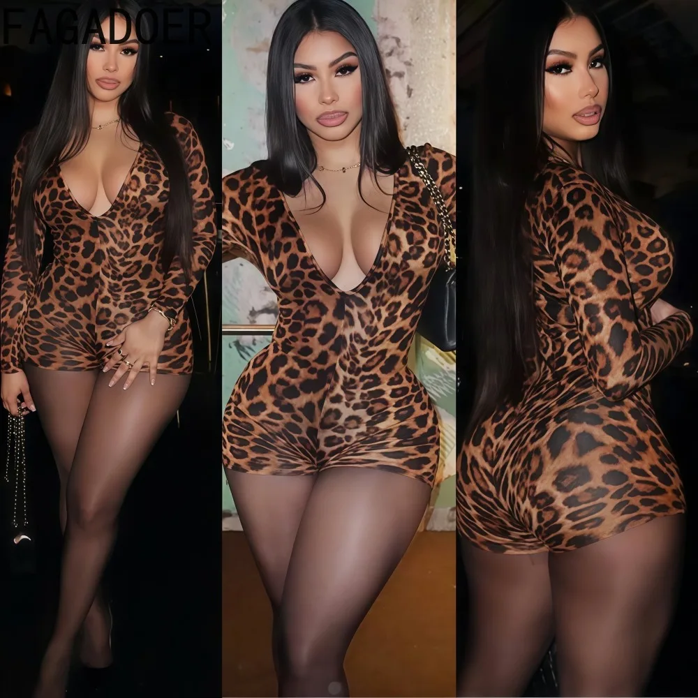 

FAGADOER сексуальные облегающие комбинезоны с леопардовым принтом, женские цельные комбинезоны с глубоким v-образным вырезом и длинными рукавами, женская клубная одежда, новинка 2023 года
