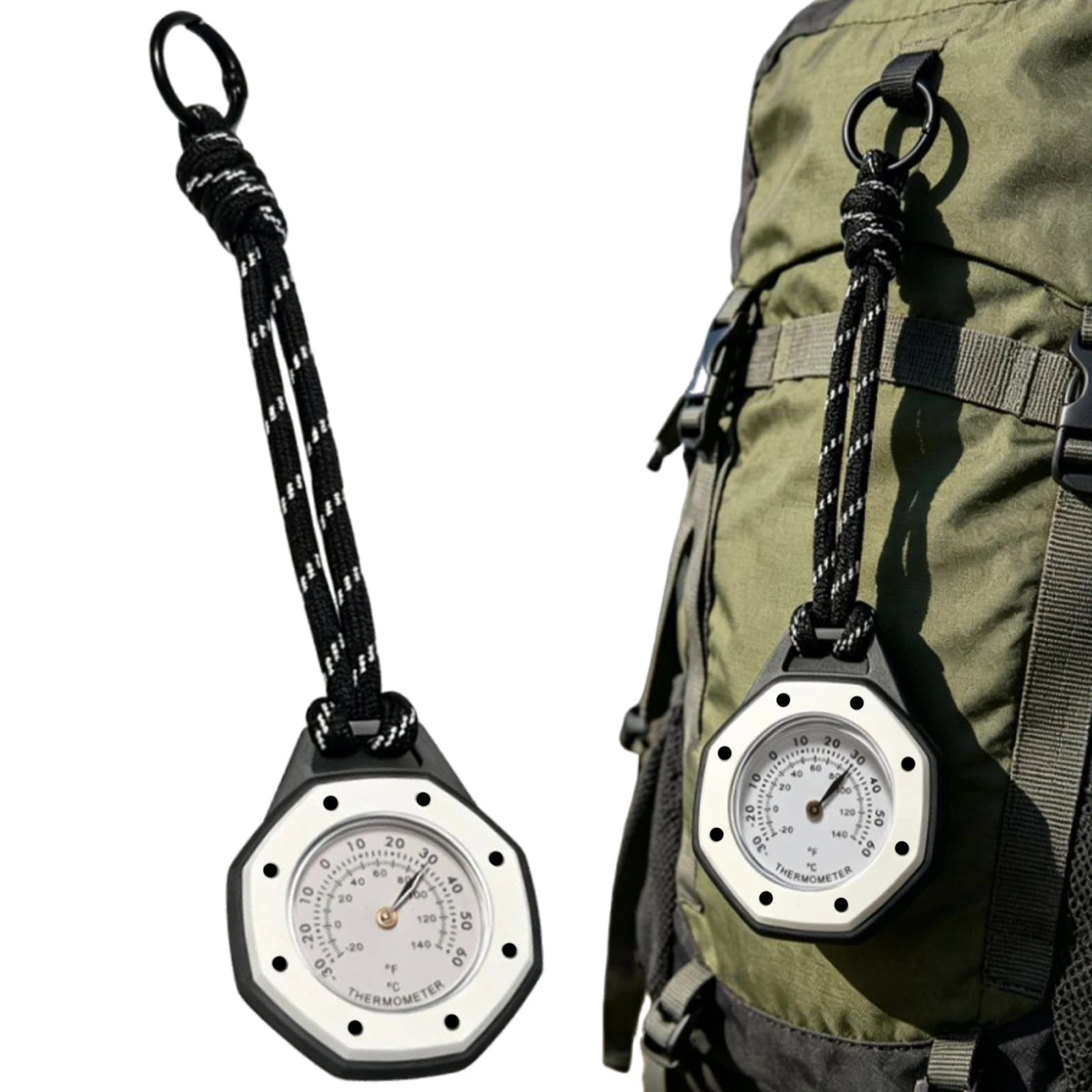Octagonal Mechanical Thermometer with Carabiner Clip and Lanyard Plastic Lightweight Thermometers for Camping Hiking Travel