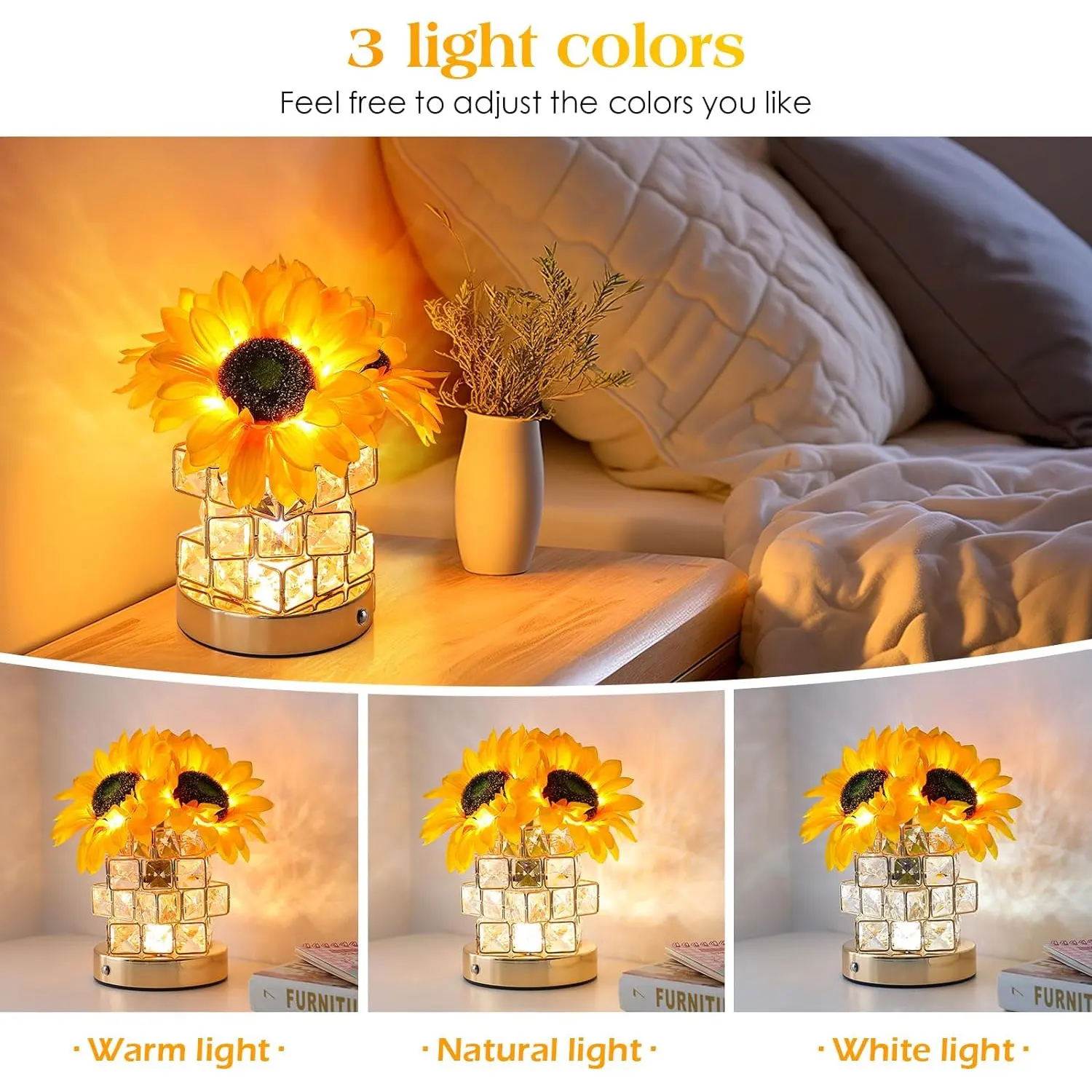 Sunflowers Flower Lamp Touch Lamp,Rechargeable Table Lamp, Small Night Light,Gift for Mom for Valentine Day,Mothers Day,Xmas