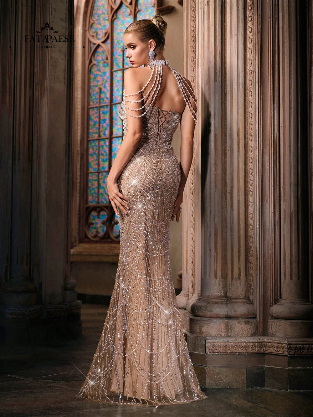 FATAPAESE Haute Couture Luxury Evening Dresses Pearls Chain Evening Gowns Chic Hatler Mermaid Prom Dresses Wedding Guest Dress
