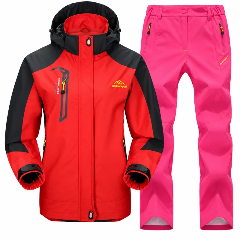 Women Outdoor Hiking Jacket Pants Set Waterproof Windproof Hooded Shell Suit Spring Autumn Trekking Camping Rainwear