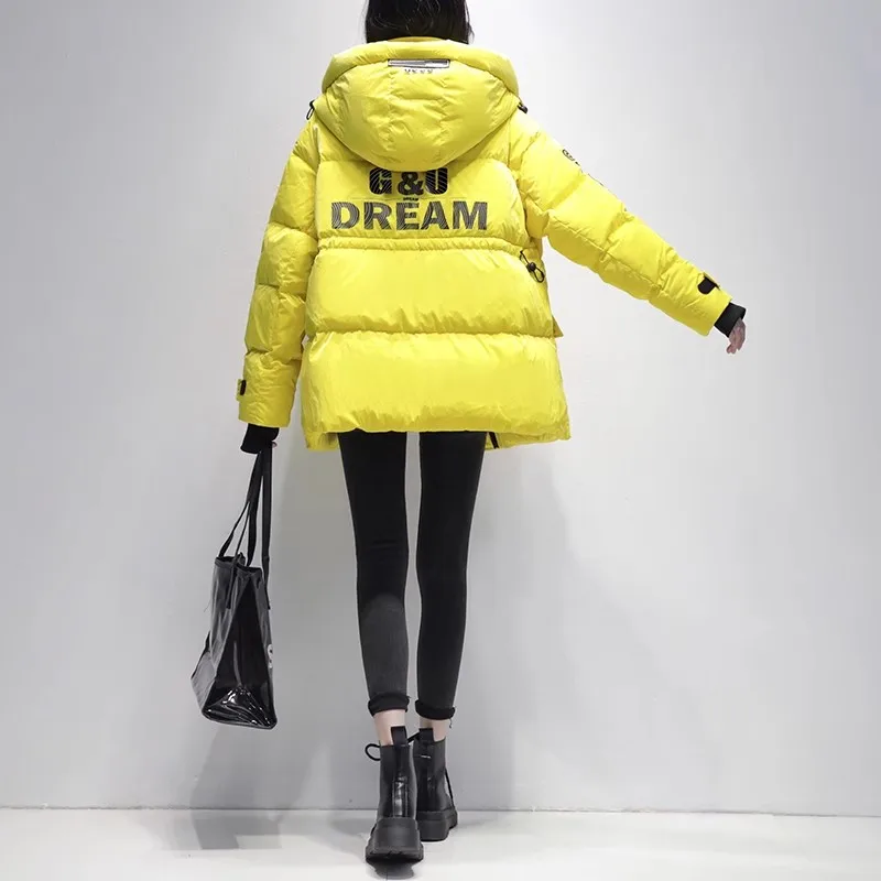 Yellow High-end Letter down Jacket Women\'s 2024 Winter New Loose Thicken White duck down Coat Fashion Casual Female Warm Outwear