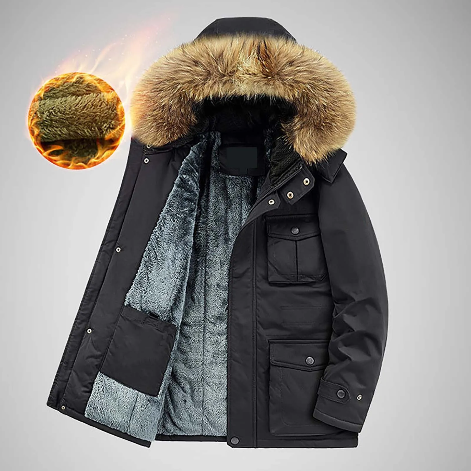 Winter Men's Plush Cotton Jacket Fashion Thick Warm Parkas Outdoor Camping Windproof Hooded Coat Male Jacket Outwear