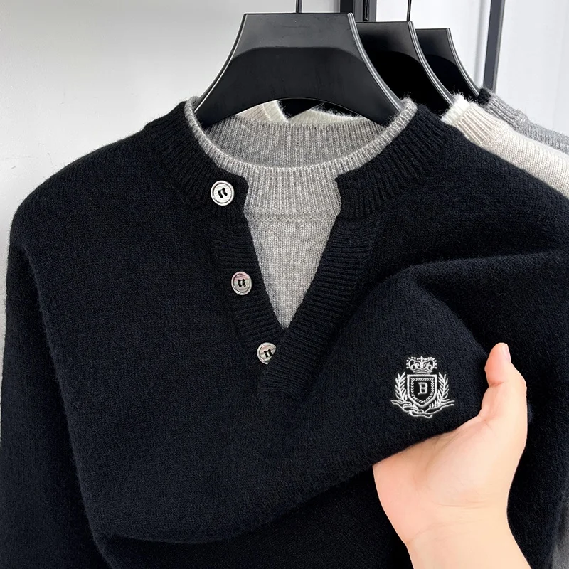 British Style Men’s Long-Sleeved Knitwear Button False Two-Piece Color Blocking Embroidery Sweater Outdoors Comfort Men's Wear