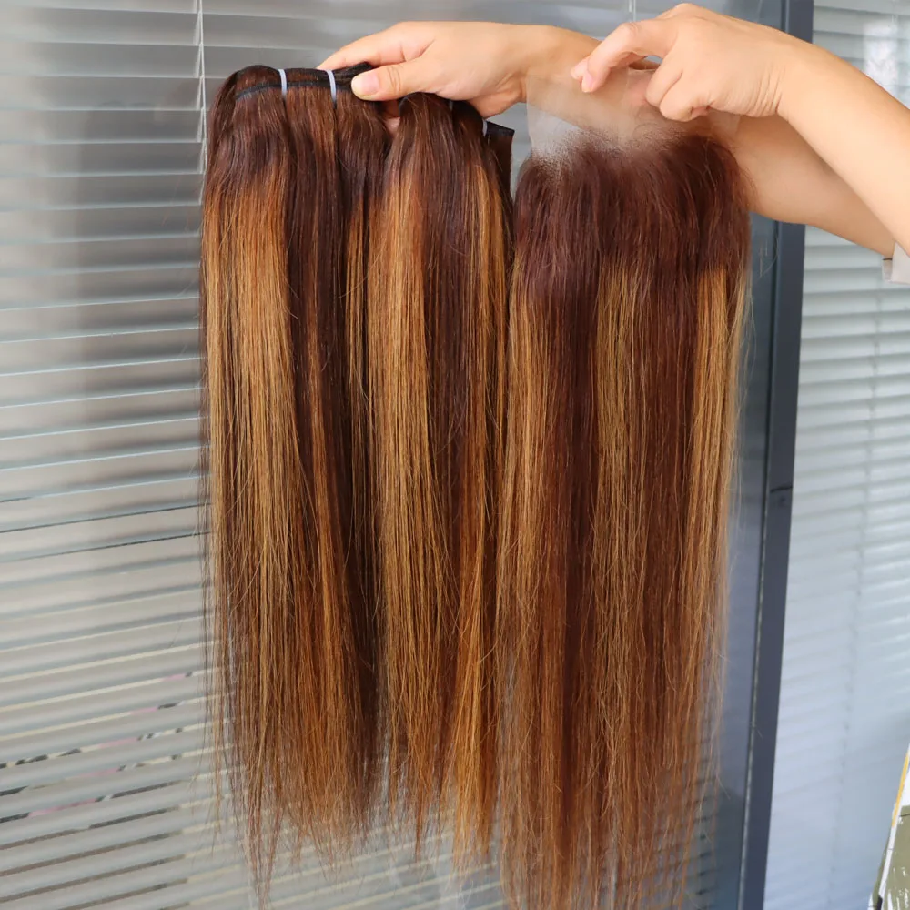 الجملة عذراء ريمي الشعر البشري حزمة مع الدانتيل إغلاق أمامي تسليط الضوء على 4/27 لون البيانو انخفاض الشحن حسب الطلب