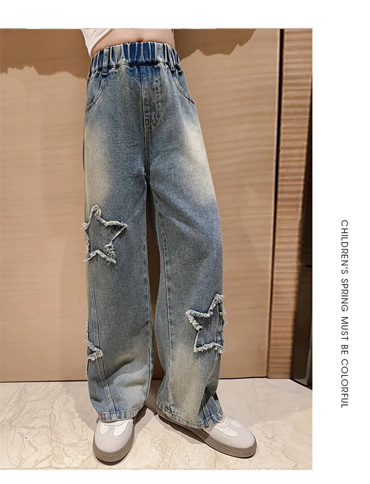 High-Waist-Jeans für Mädchen, gerade geschnittene, lockere Weitbein-Hosen, Frühling und Herbst, koreanische Vintage-Jeans, modische Kinder-Denim-Hosen für Teenager. – Detail 2