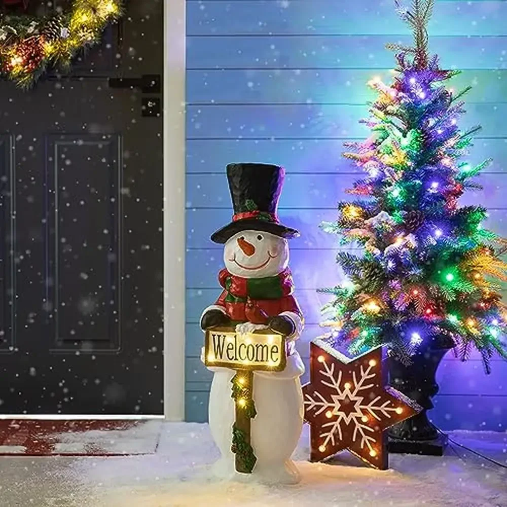 Snowman Welcome Sign Warm White Lights Timer Xmas Porch Lawn Yard Display Joyous Ambiance Hand Painted Resin Durable Outdoor Use