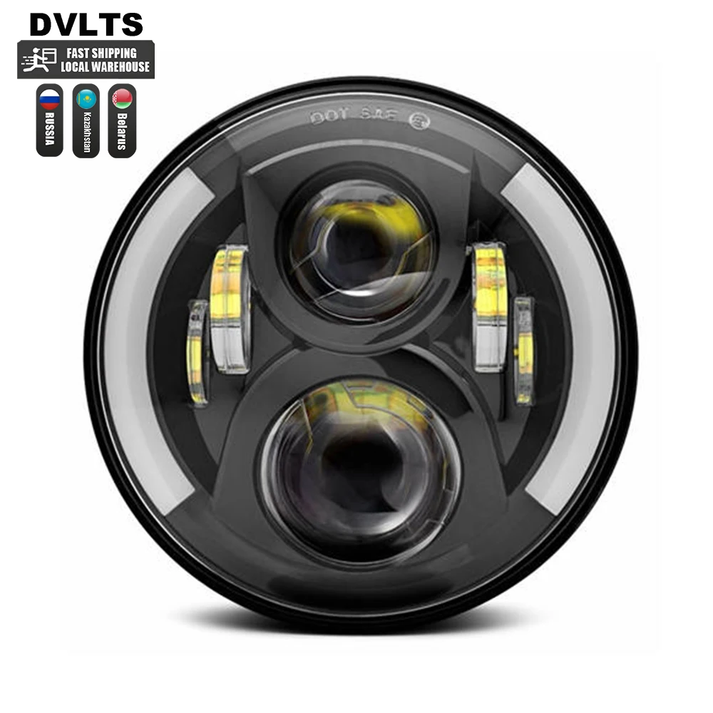 1pc 7 Inch LED Headlights DRL Hi/Lo Beam 50W Halo Ring Amber Angel Eye For JEEP Niva Motorcycle Lada Offroad 4x4 UAZ 12V 24V