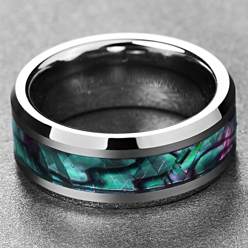 BONLAVIE 8mm Tungsten Carbide Ring Abalone Shell Beveled Steel Wedding Jewelry US Size Fine Men Jewelry Valentine Gift