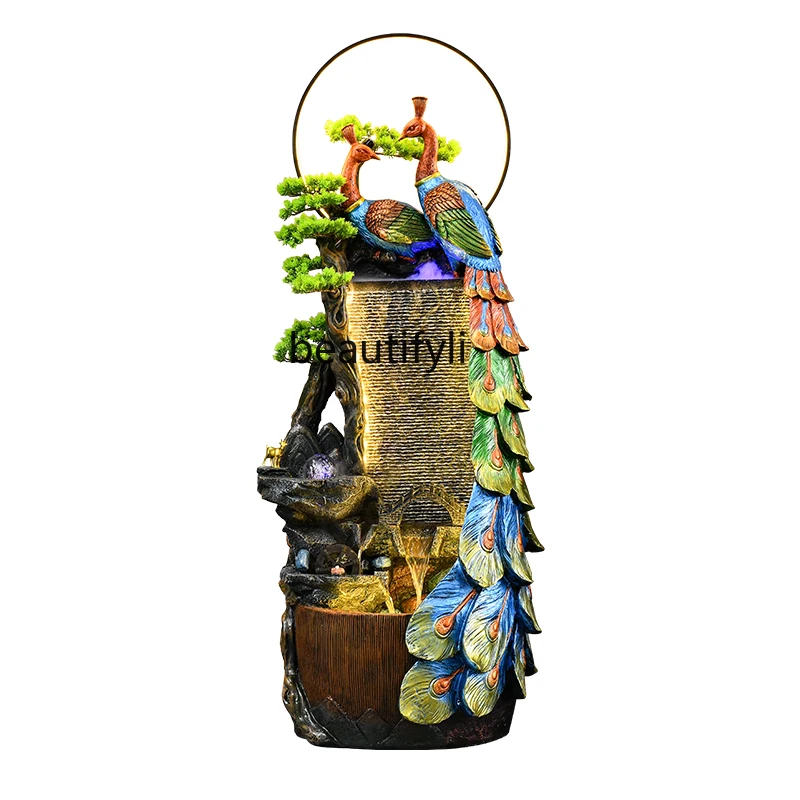 

New Chinese rockery flowing water ornament floor-to-ceiling peacock landscape living room TV cabinet next to the decoration