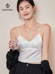 Birdtree 93% Mulberry Silk 7% Spandex Women Silk Camis Sexy Camisole Padded Bralette Tube Top with Bra Black White M-XL P36082QC