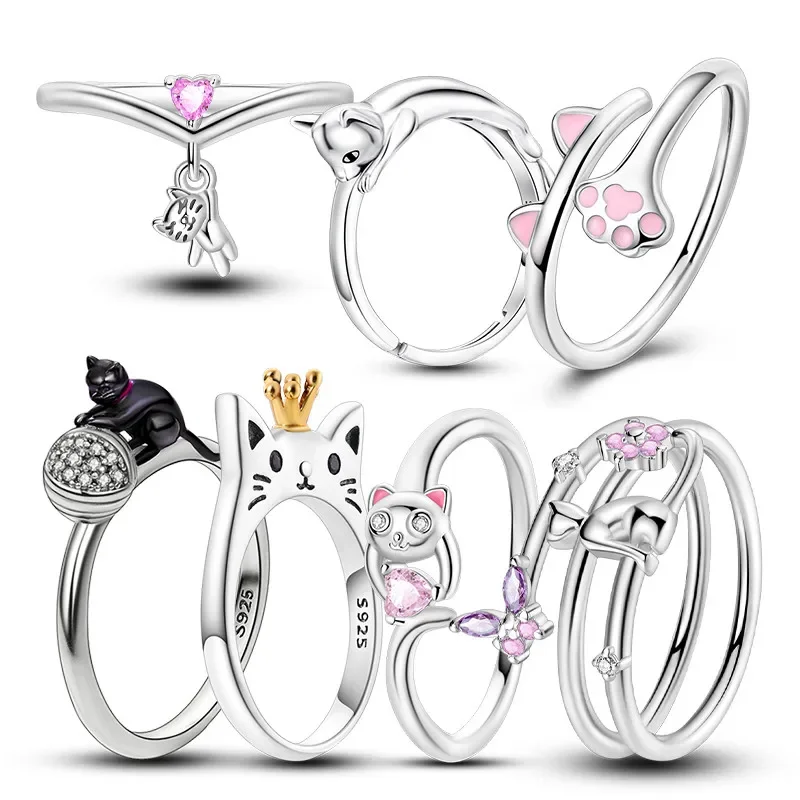 

Real Sterling Silver S925 Adorable Cat Pink Rings for Women Sterling Silver Ring Fine Jewelry Gift Teen Girl Valentines