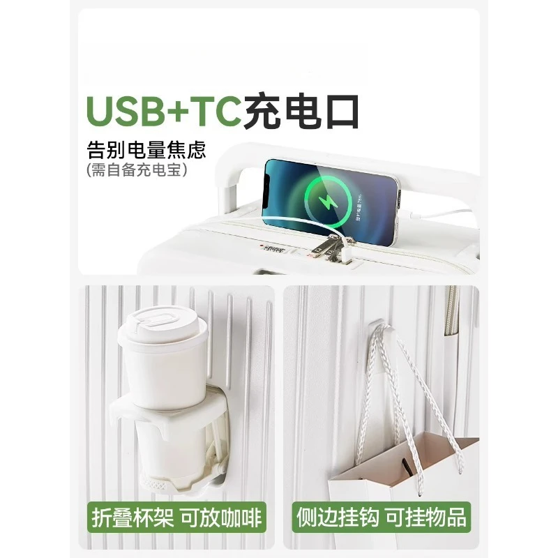 Mala frontal aberta feminina, mala de embarque pequena de 20 polegadas, nova tirante larga, multifuncional, grande capacidade, mala de 24 polegadas