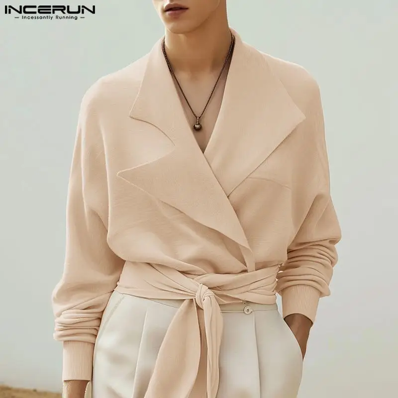 INCERUN Men Sweaters Lapel Collar Open Front Solid Color Long Sleeve Warm Knitted Sweater Cardigans Belt Lace Up Tops