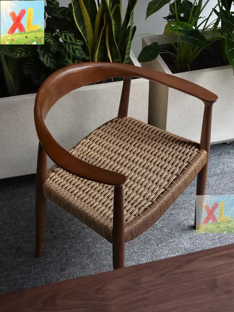 Vintage quiet wind all solid wood dining chair home office rope woven President Kennedy chair Hiroshima tea table master chair.
