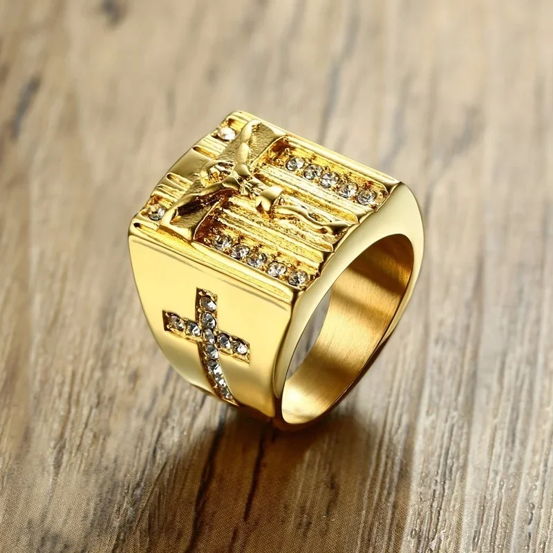 Punk Hip Hop Stijl Sieraden Mode Mannen Vrouwen Rhinestone Ingelegd Jezus Signet-Ring Kruis Vinger Ring Partij Sieraden