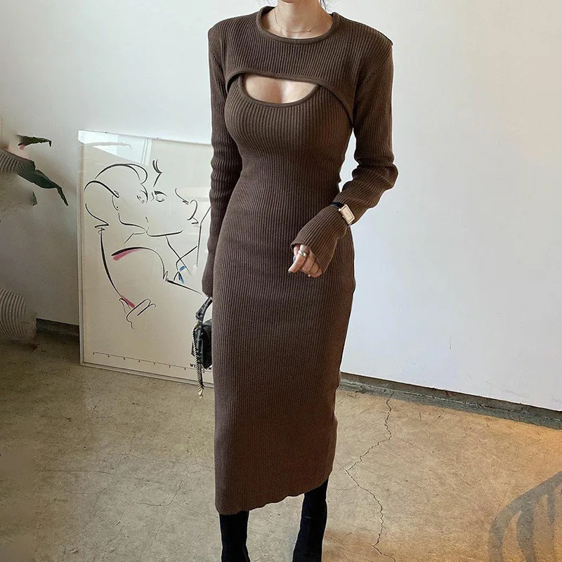 New Style Autumn And Winter Fashion Women's Two-piece Sexy Hollow Shawl Shirt + Solid Color Suspender Slim Elegant Dress Set