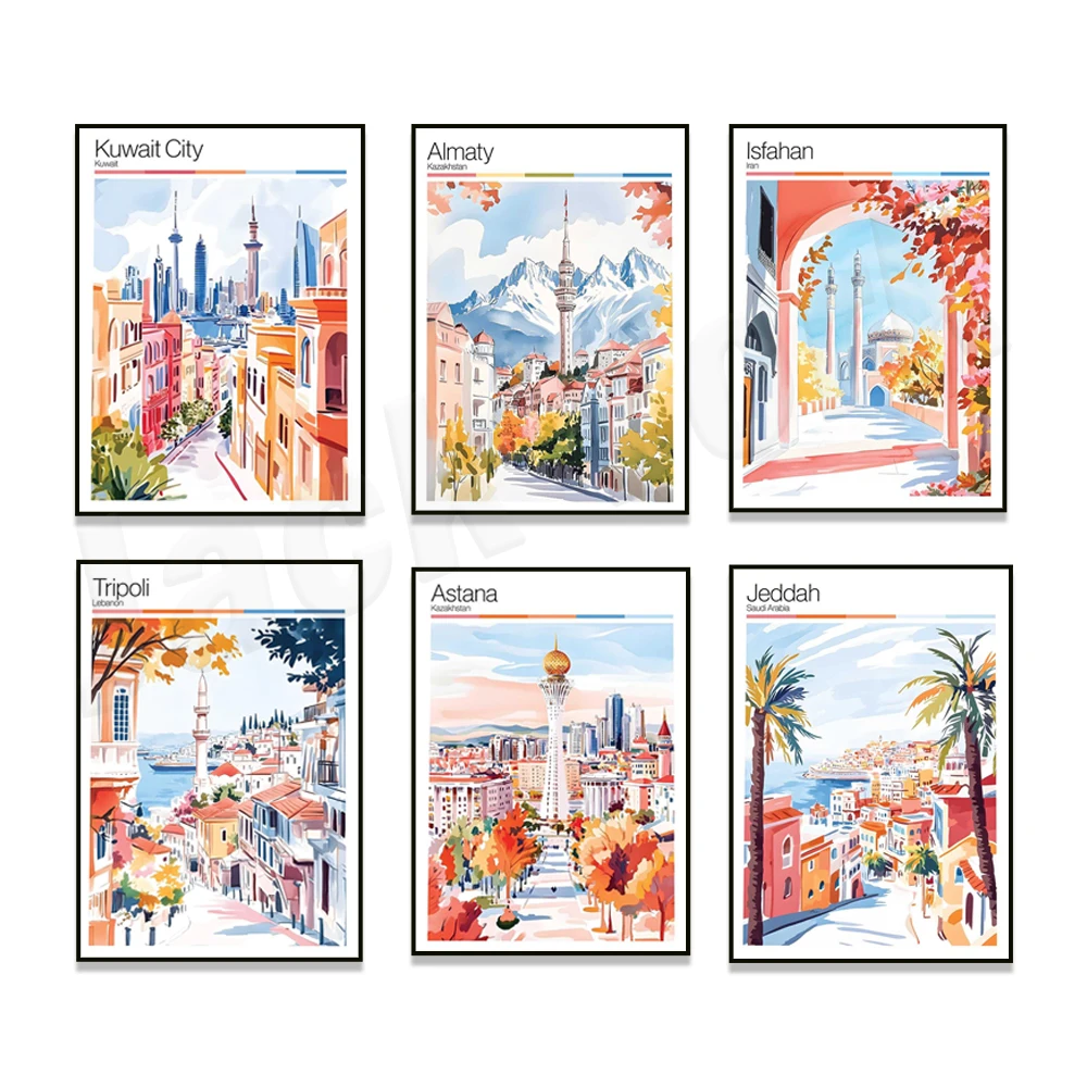 Дубай, Тегеран, Иран, Салтайская Конияня Ирарак, Саудовская Аравия, Кувейтский город, Бишиkek, Ливан, Астана, Альматий Казахстан путешествия постеры