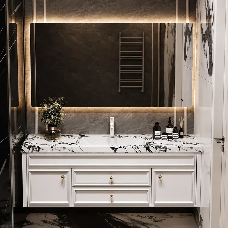 French Retro Oak Bathroom Vanity with Ceramic Integrated Sink American Style Washstand Cabinet Combo for Home Bath