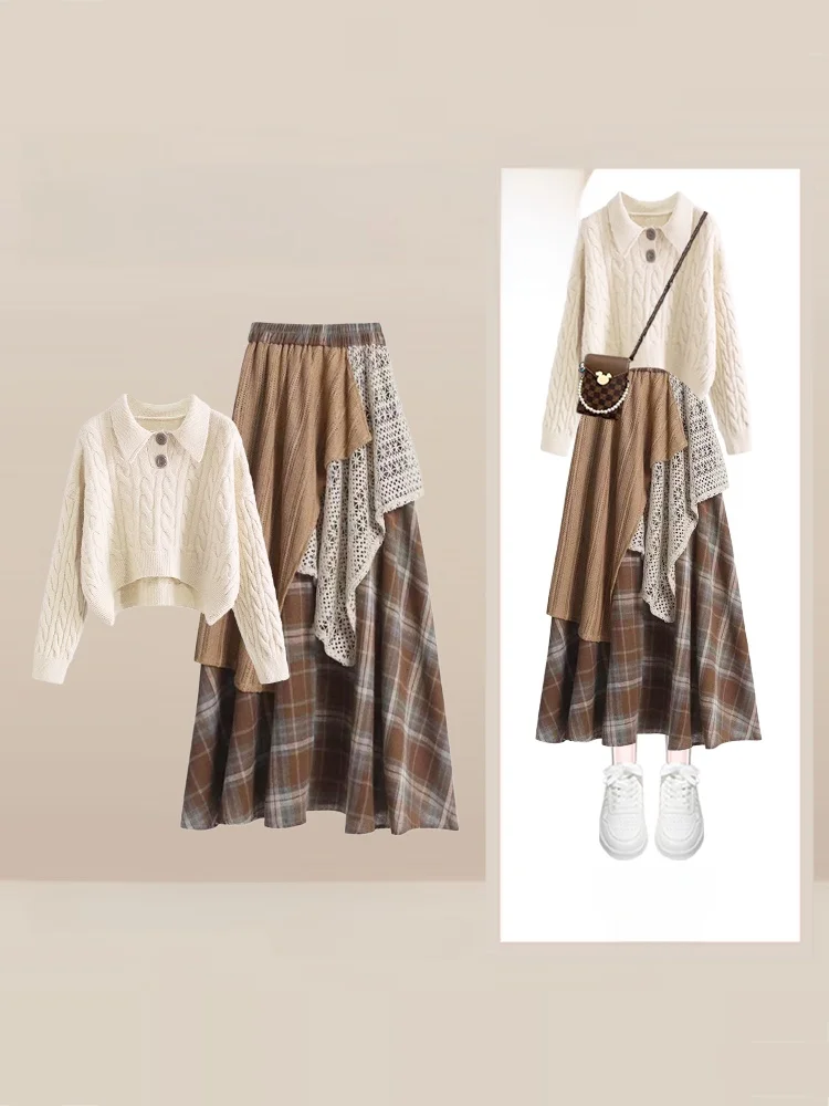 

Fall Vintage Mermaid Set Women Anti-Aging Knitted Sweater Plaid Splicing Skirt Slimming Two-Piece Set High Waist