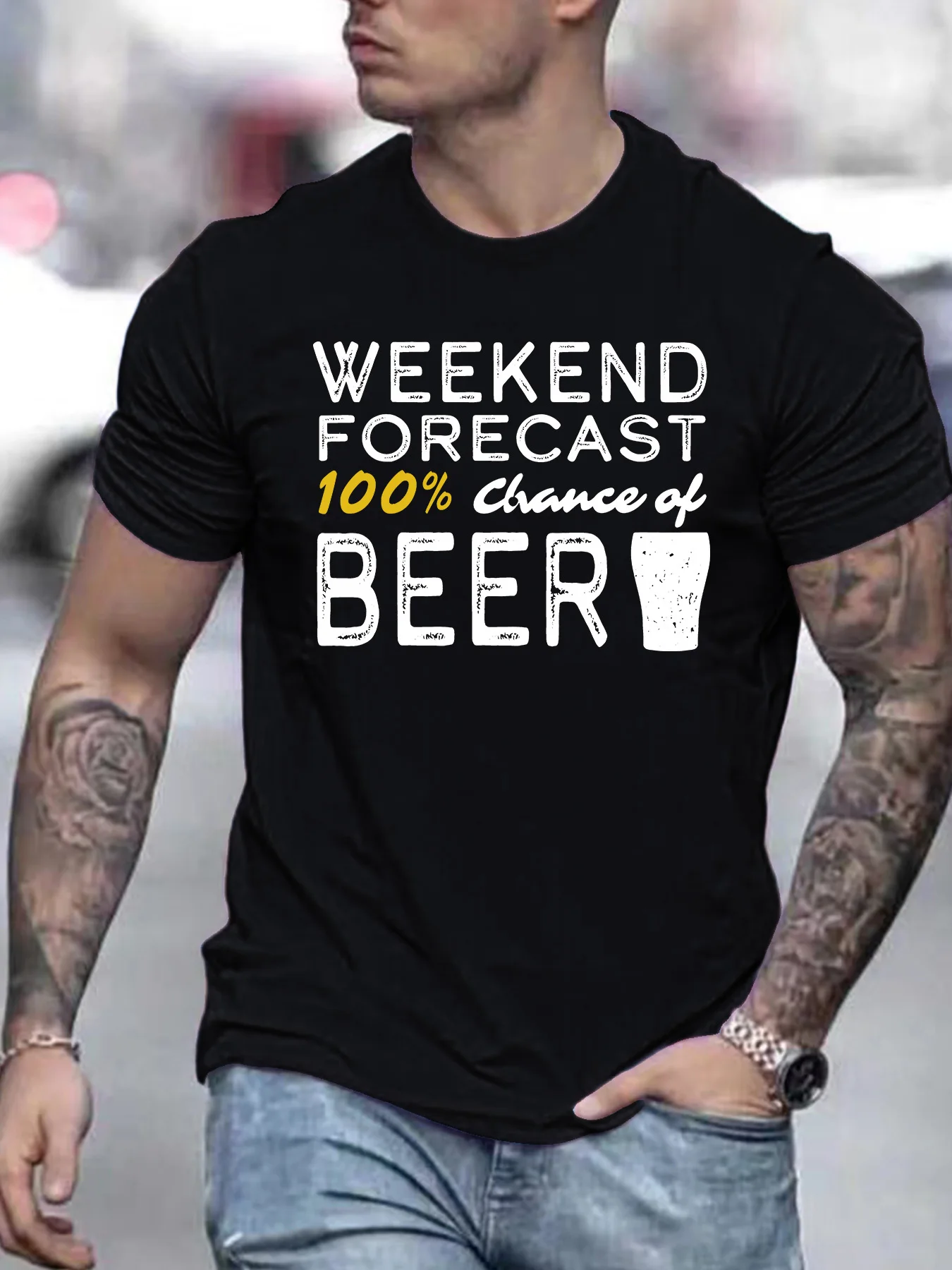 Men's Casual Summer Graphic T-Shirt Weekend Forecast Chance of Beer Print, Blue Short Sleeve Crewneck, Lightweight Polyester