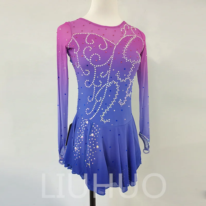 Ice Figure Skating Dress Girls' Women Purple Long Sleeves Dancewear Handmade Dancewear Competition