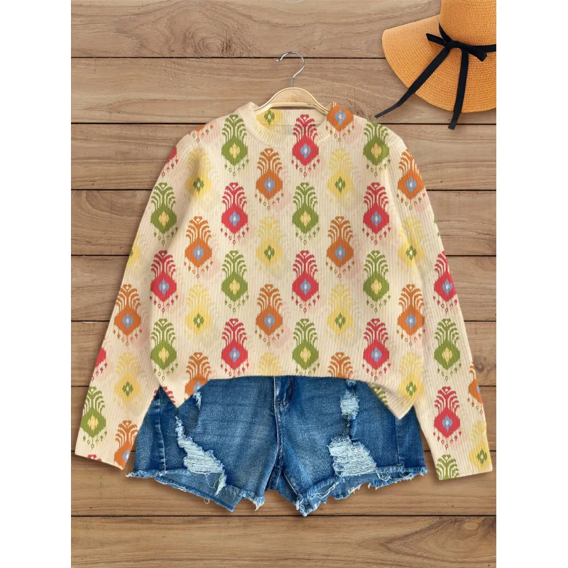 

Colorful Geometric Digital Print Women's Knit Pullover Thick, Loose-Fit Crew Neck Long Sleeve Autumn/Winter Casual Style