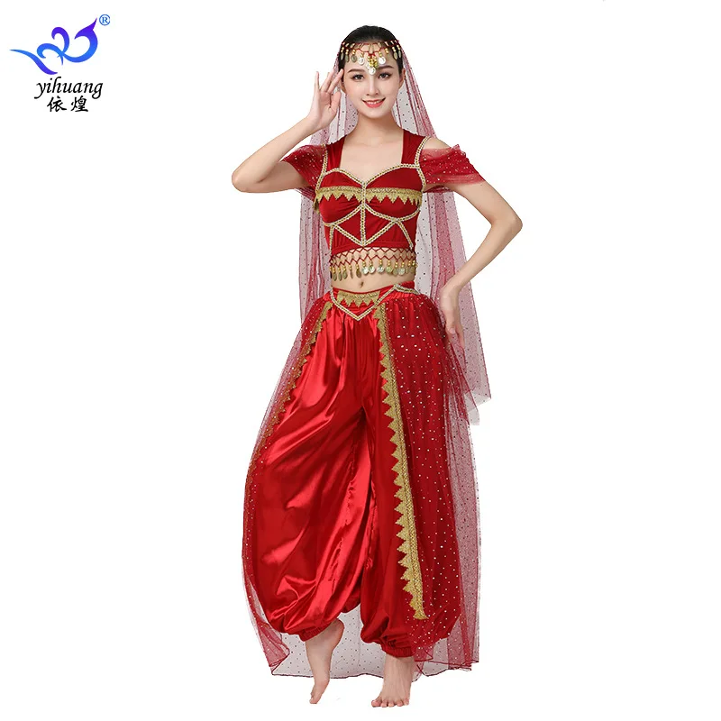 4 pezzi Set cintura di danza del ventre per bambini sciarpa velo India Costume da principessa danza indiana Sari Girl Performance Costume Festival Outfi