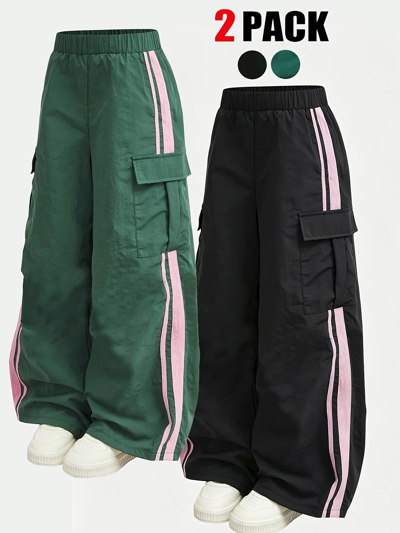 Trendige, locker geschnittene Cargo-Hosen mit weitem Bein für Mädchen (2er-Pack): Grün- und pink gestreift + schwarz gepunktet; mit großen Taschen, El – Detail 3